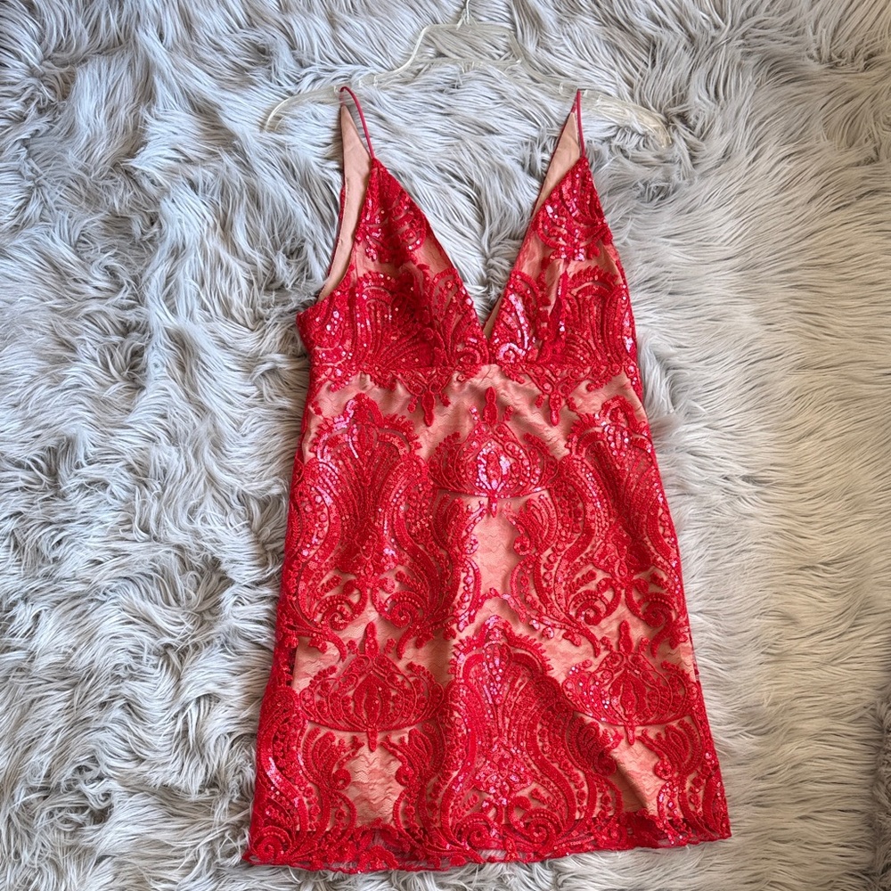 Free People Red Sequin Lace Mini Dress